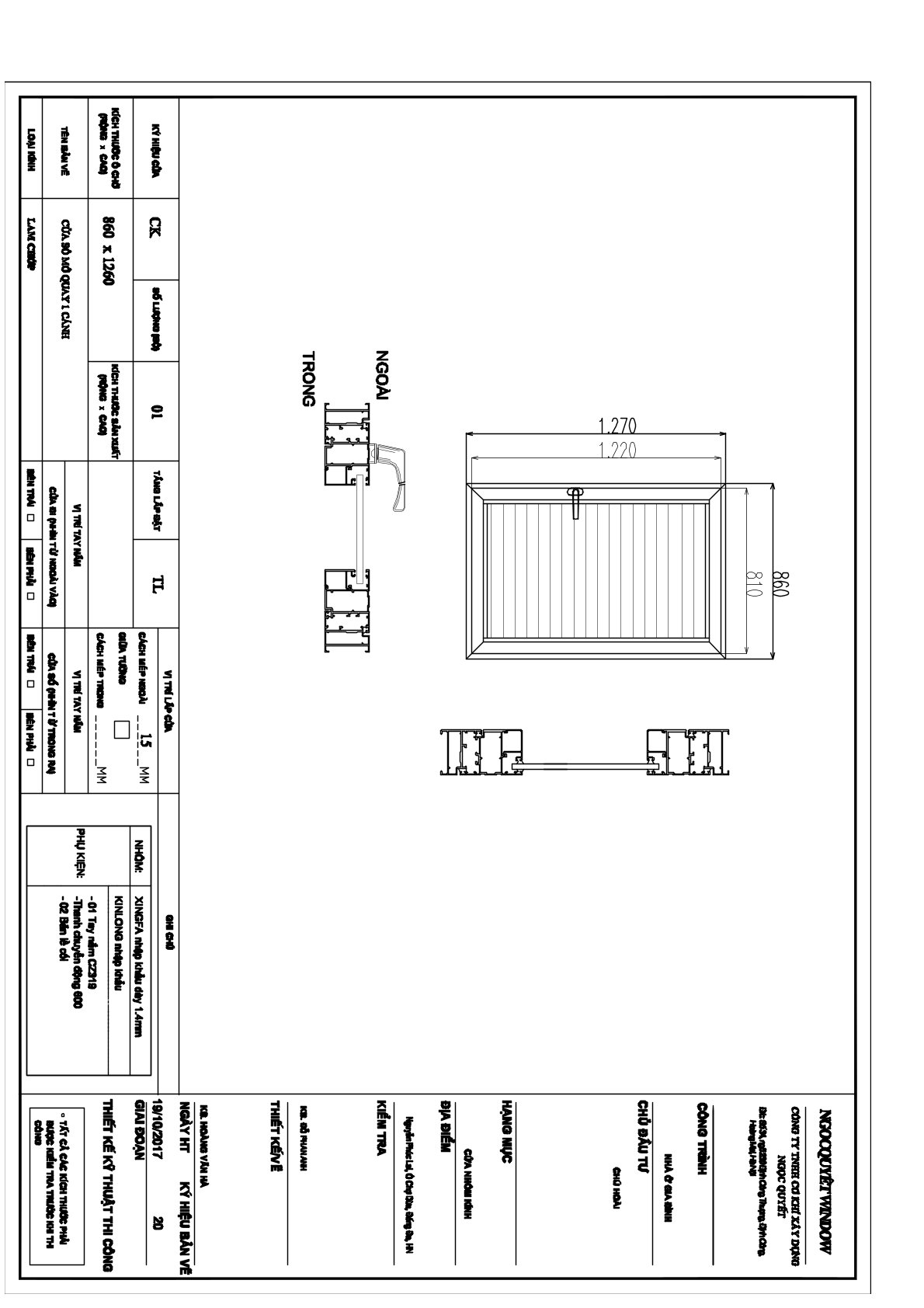 Bản vẽ kỹ thuật cửa sổ nhôm kính mở quay một cánh kích thước 860 x 1270 mm